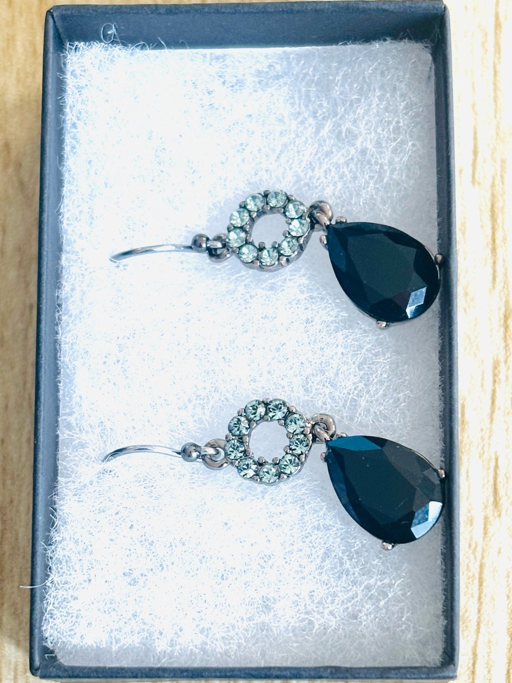 Vintage Black Onyx Teardrop and Blue Crystal Hoop Dangle Earrings